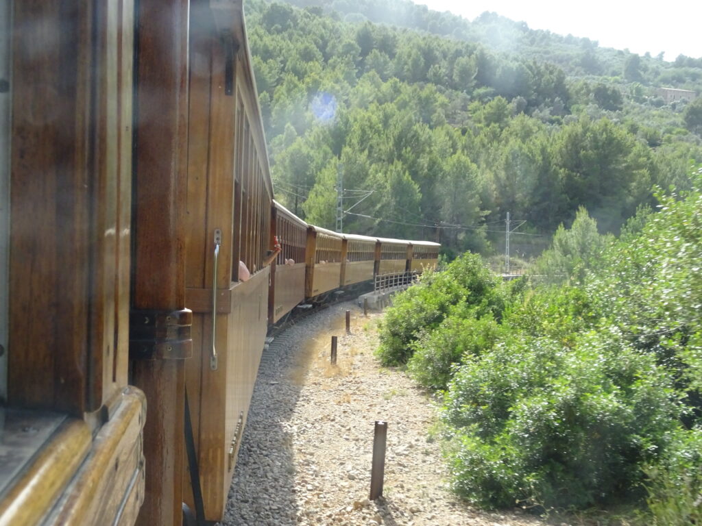 Blick aus dem Fenster des fahrenden Tren de Sóller auf die grüne Landschaft