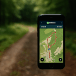 Smartphone zeigt Wanderkarte – Komoot als Navigationshilfe im Wald