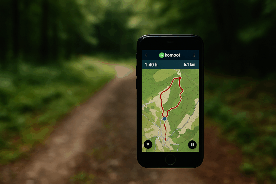 Smartphone zeigt Wanderkarte – Komoot als Navigationshilfe im Wald
