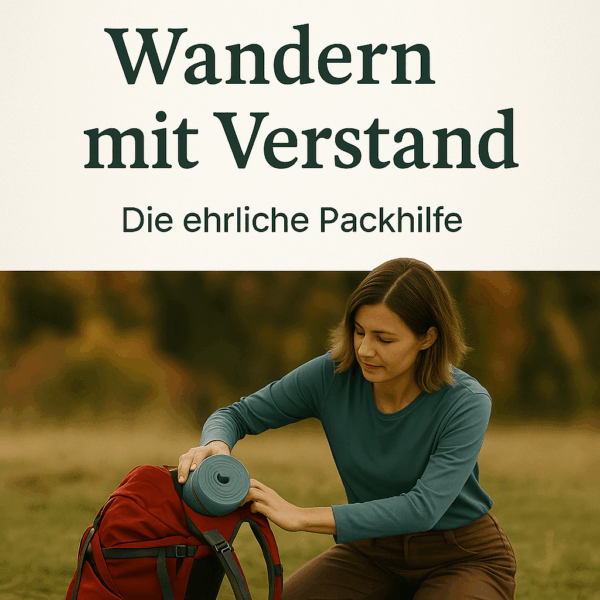 Cover des E-Books „Wandern mit Verstand – Die ehrliche Packhilfe“ mit Frau und Rucksack im Herbstfeld