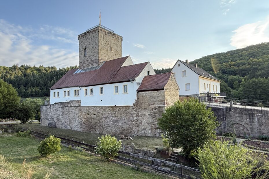 Blick auf die Wasserburg Reipoltskirchen mit Burgmauer und Turm