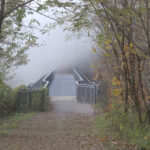 Aussichtssteg der Weiselberg Gipfeltour verschwindet im Nebel; Metallbruecke am Waldrand mit herbstlichem Laub.