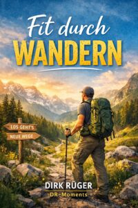 Buchcover Fit durch Wandern von Dirk Rüger – Wanderer mit Rucksack auf Bergweg in alpiner Landschaft