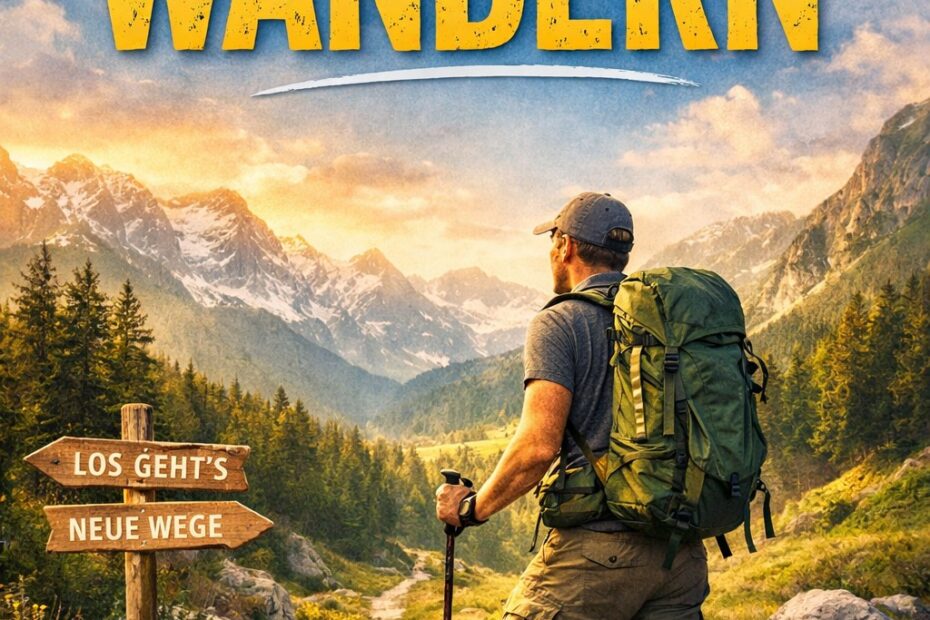 Buchcover Fit durch Wandern von Dirk Rüger – Wanderer mit Rucksack auf Bergweg in alpiner Landschaft