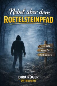 Buchcover Nebel über dem Rötelsteinpfad von Dirk Rüger – Wanderer im Nebel auf einem Waldpfad