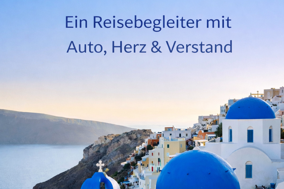 Cover des E-Books Santorini ehrlich erleben von Dirk Rüger mit Blick auf die weißen Häuser und blauen Kuppeln von Oia auf Santorini