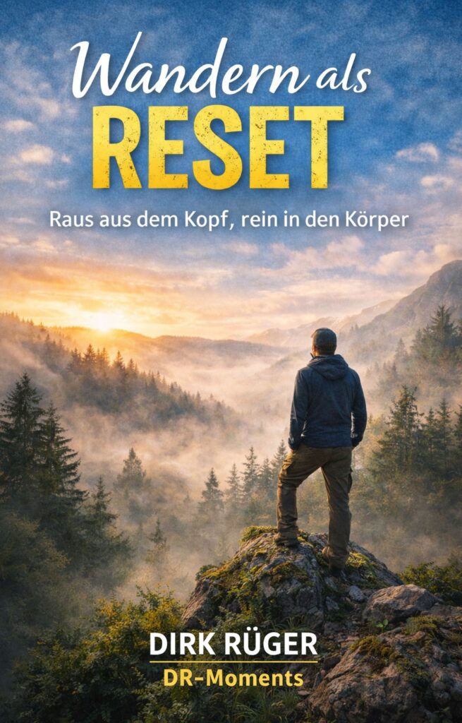 Cover des Buches „Wandern als Reset“ von Dirk Rüger mit Wanderer auf einem Felsen über nebliger Waldlandschaft bei Sonnenaufgang