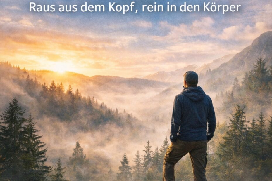 Cover des Buches „Wandern als Reset“ von Dirk Rüger mit Wanderer auf einem Felsen über nebliger Waldlandschaft bei Sonnenaufgang
