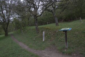 Informationstafel und Naturpfad an einer Wiesenböschung beim Wandern Bliesgau Gersheim