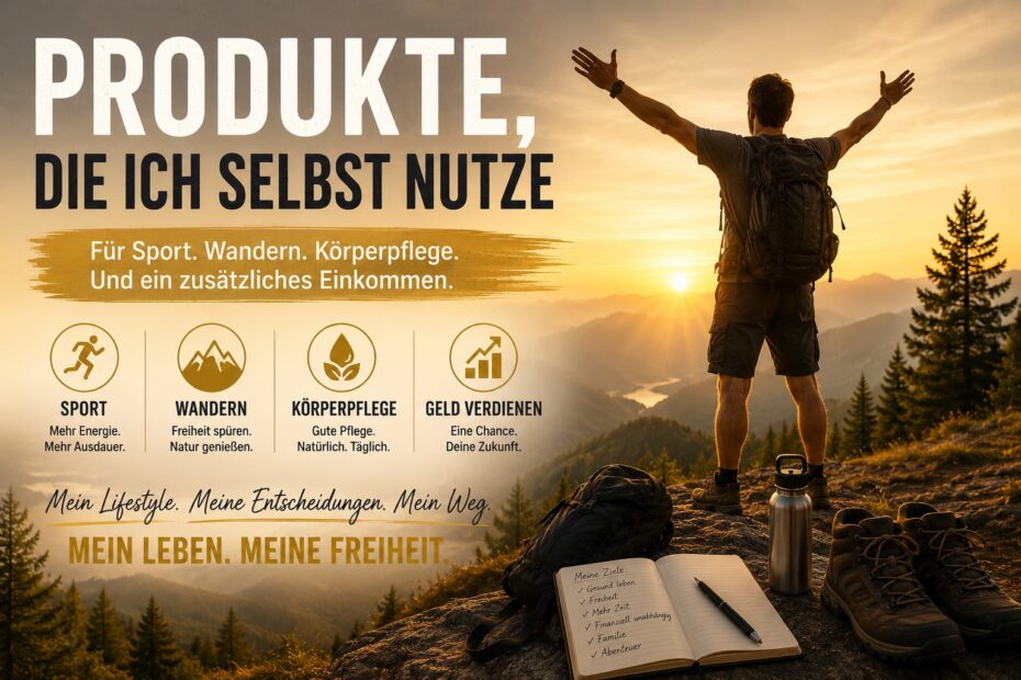 Atomy Erfahrung – Produkte, die ich selbst nutze: für Sport, Wandern, Körperpflege und ein zusätzliches Einkommen; Wanderer bei Sonnenuntergang in den Bergen