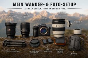 Übersicht meines Wander- und Foto-Setups: Sony Alpha 7R V, Objektive, Stativ, Filter und Rucksack vor Bergkulisse