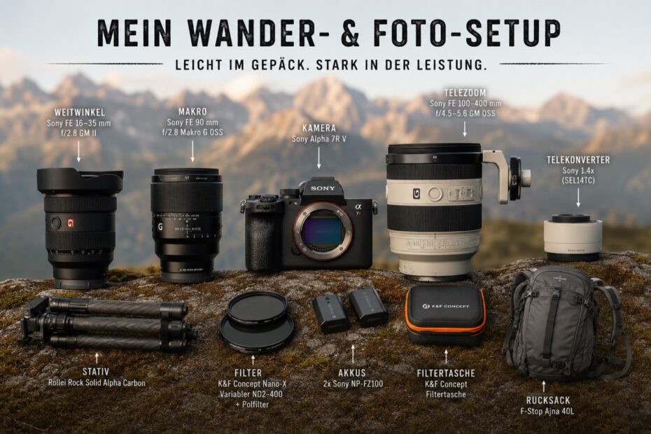 Übersicht meines Wander- und Foto-Setups: Sony Alpha 7R V, Objektive, Stativ, Filter und Rucksack vor Bergkulisse