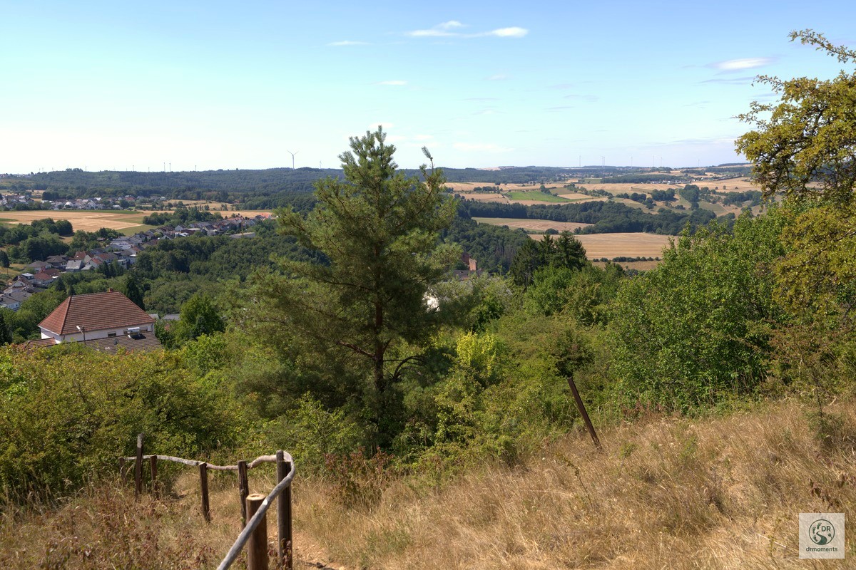 Aussichtspunkt König-Johann-Runde mit Blick auf Ortschaft, Felder und Windräder