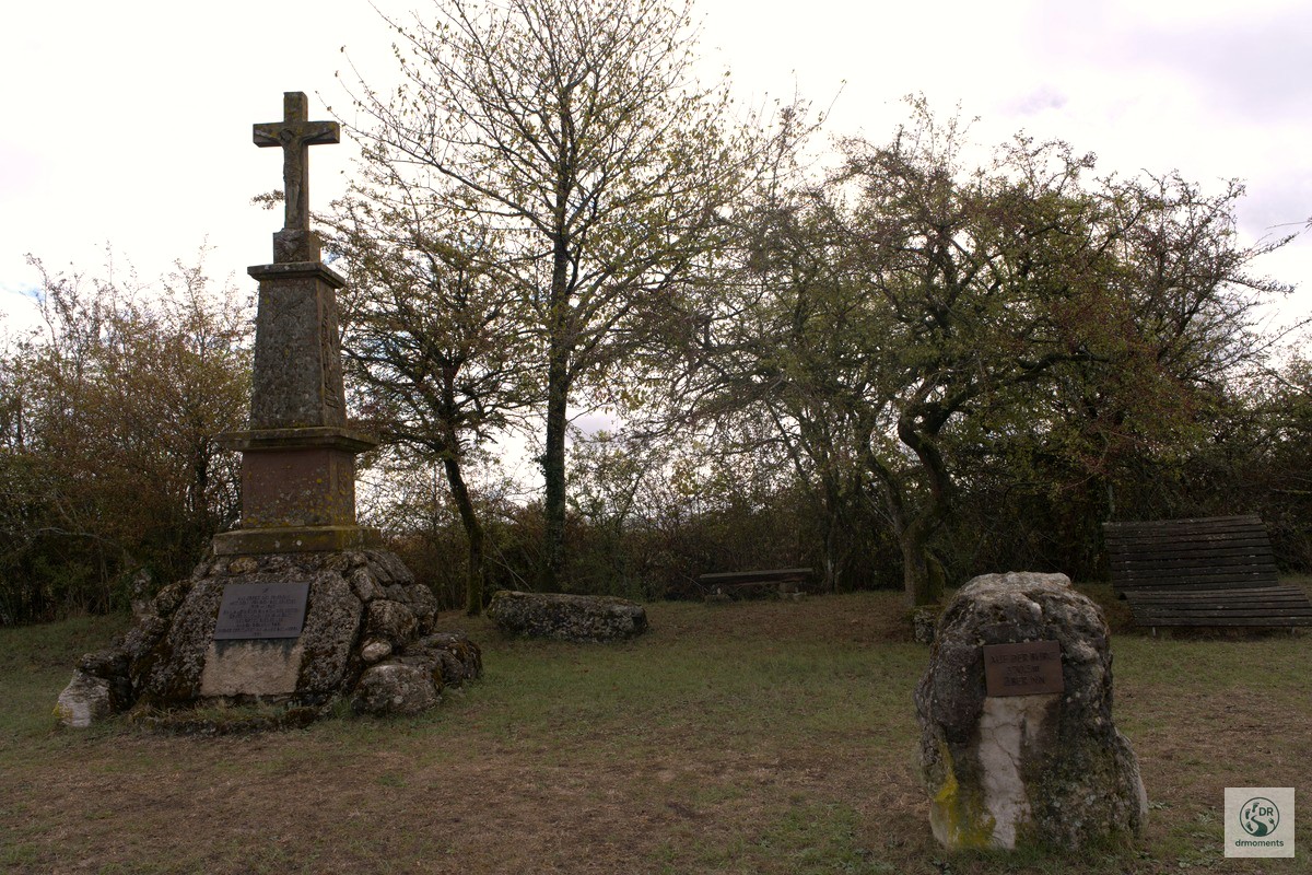 Steinkreuz Denkmal mit Gedenktafeln und alten Bäumen auf dem Grenzgänger Wanderweg Blieskastel