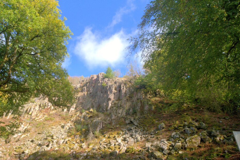Rote Felsformation im Herbstwald bei Nonnweiler